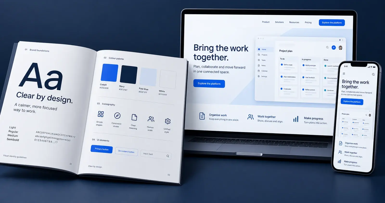 Concept software-business identity guidelines with typography and color rules applied to coordinated desktop and mobile website layouts.
