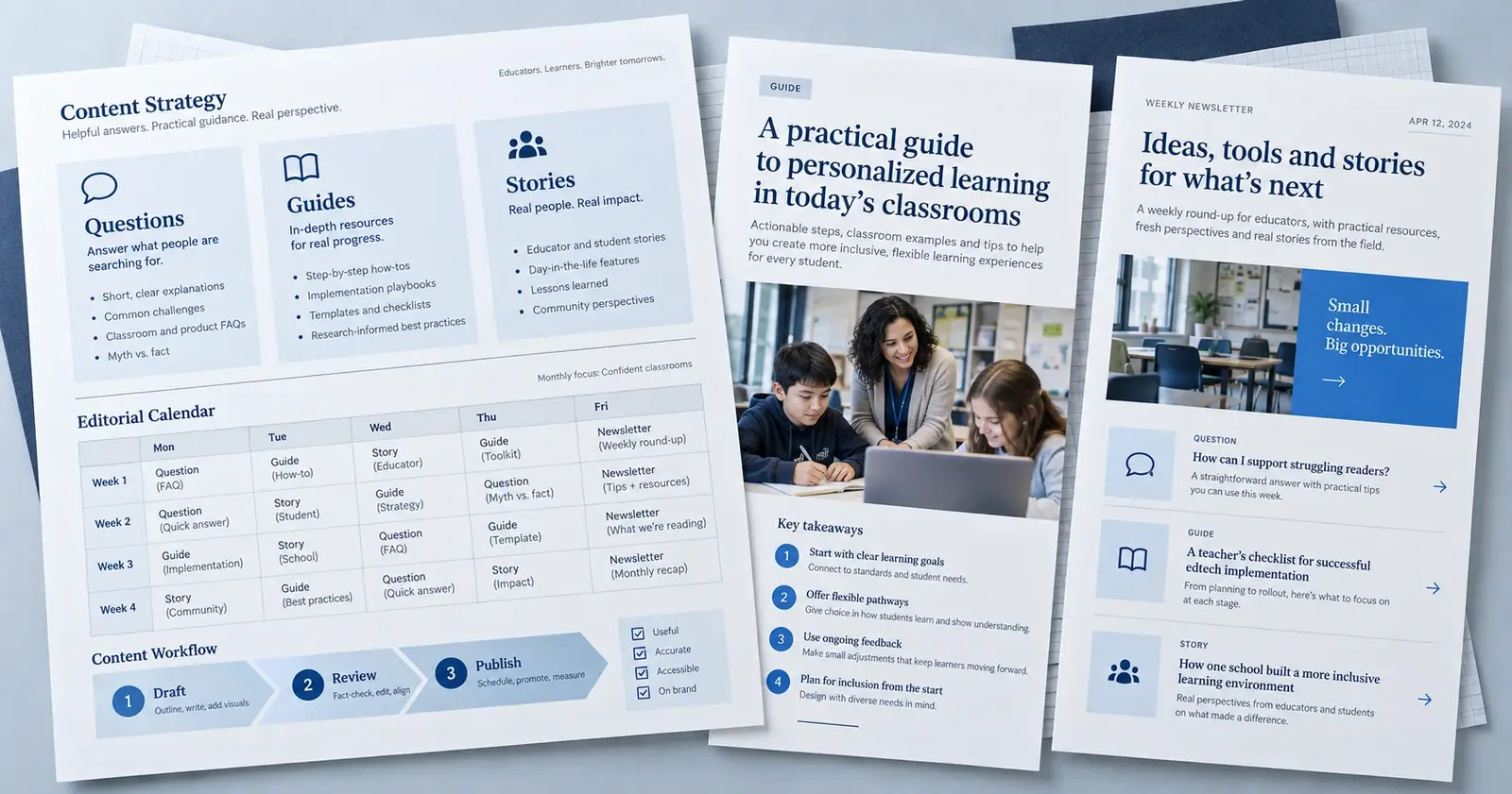 Concept editorial planning system with audience questions, content pillars, a publishing workflow and coordinated article and newsletter layouts.