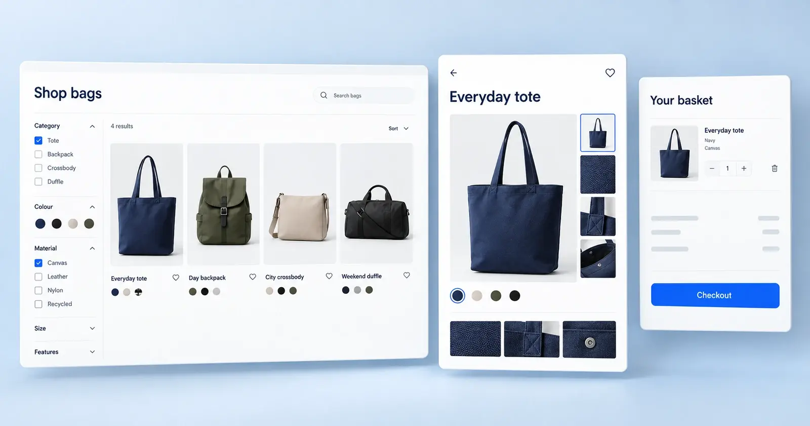 Concept storefront interface sequence showing product discovery, comparison, product details and a clear basket using a consistent bag catalog.