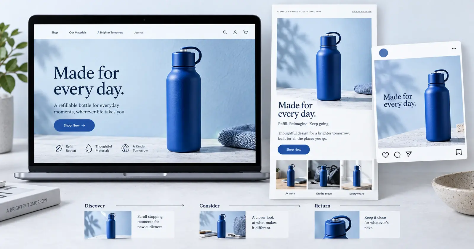 Concept campaign system with coordinated product landing page, email and social creative, plus a channel-role plan.