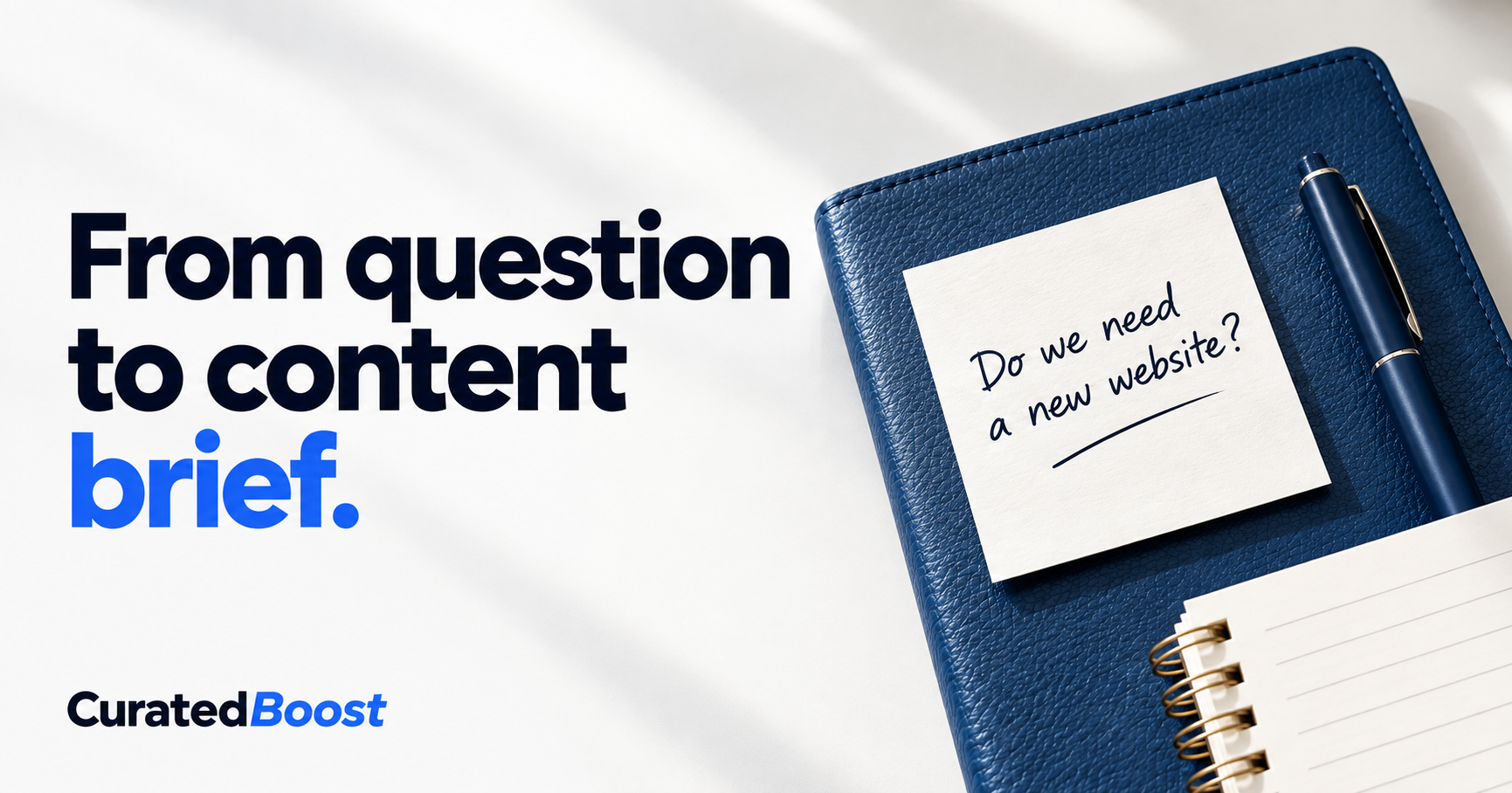 A client-question note on a blue folio beside the words “From question to content brief.”