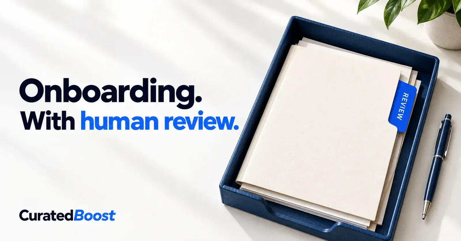 Blue review tray with an onboarding folder and human-review checkpoint. Cover text: “Onboarding. With human review.”