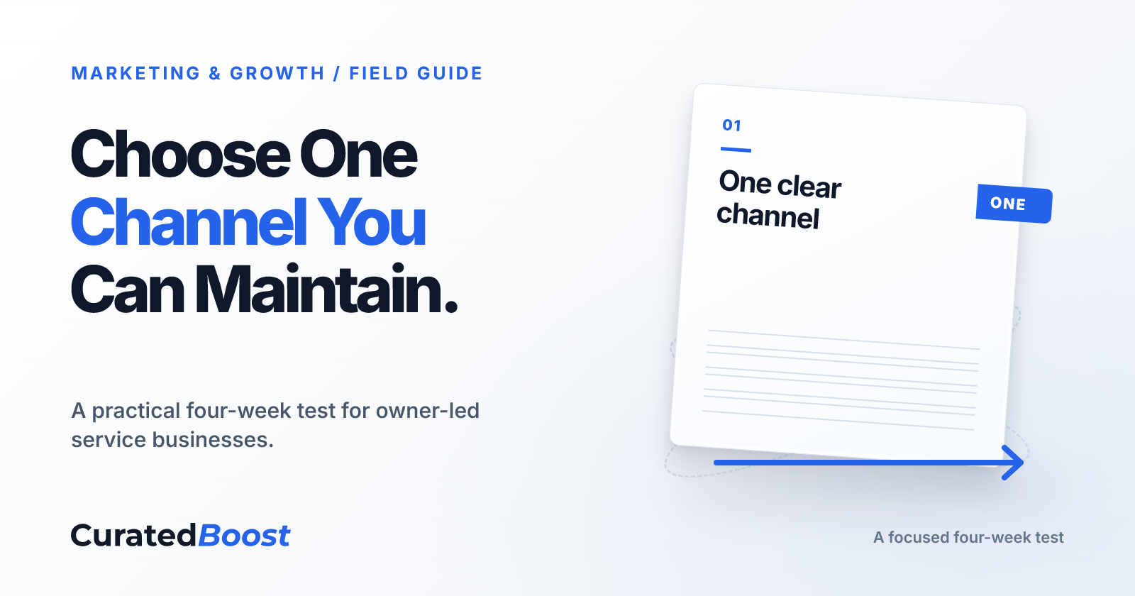 Choose One Channel You Can Maintain and CuratedBoost beside a planning card with one blue route among faint alternatives.