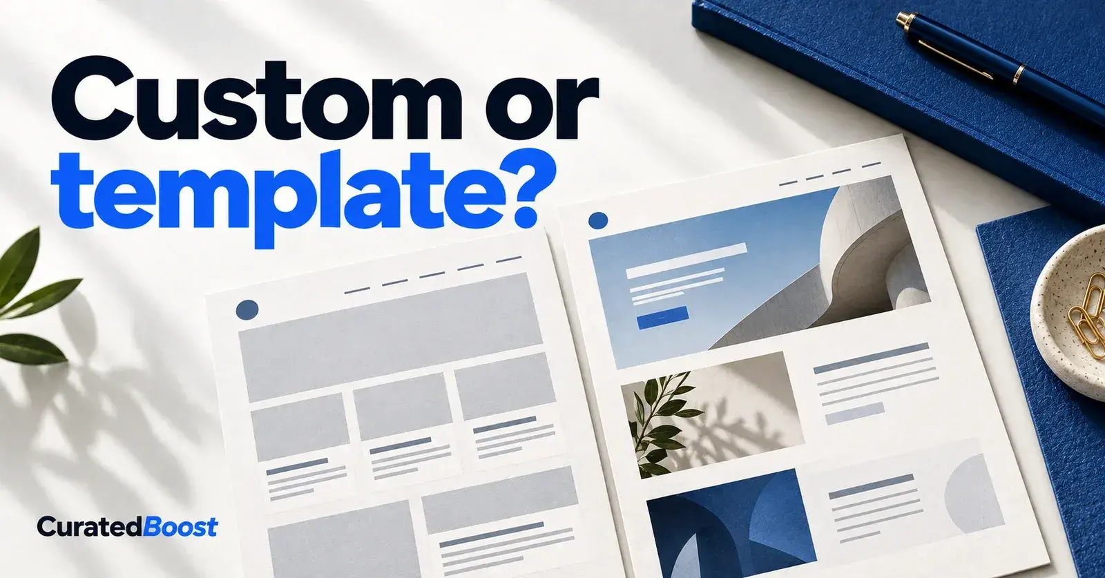Two printed website layouts comparing a modular template and a tailored composition. Cover text: “Custom or template?”