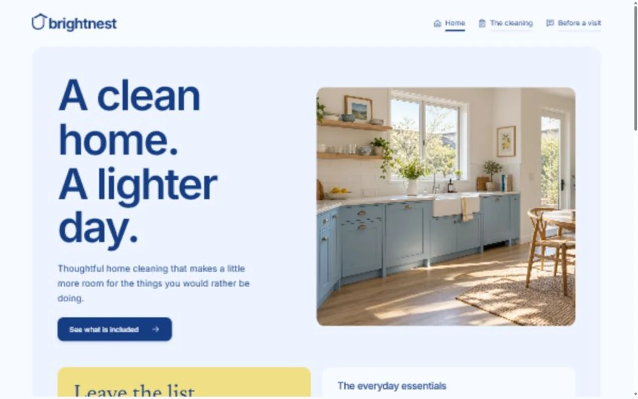 Brightnest homepage, showing its navigation and hero section