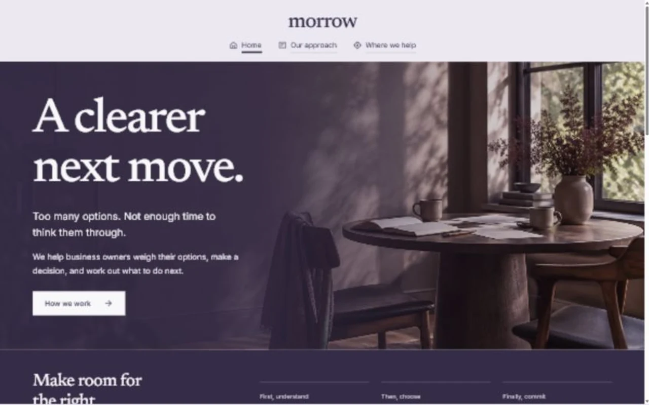 Morrow homepage, showing its navigation and hero section
