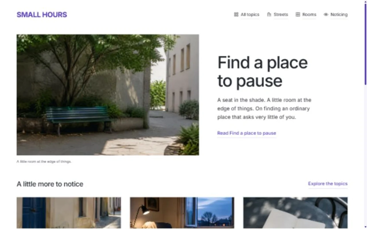 Small Hours homepage, showing its navigation and hero section